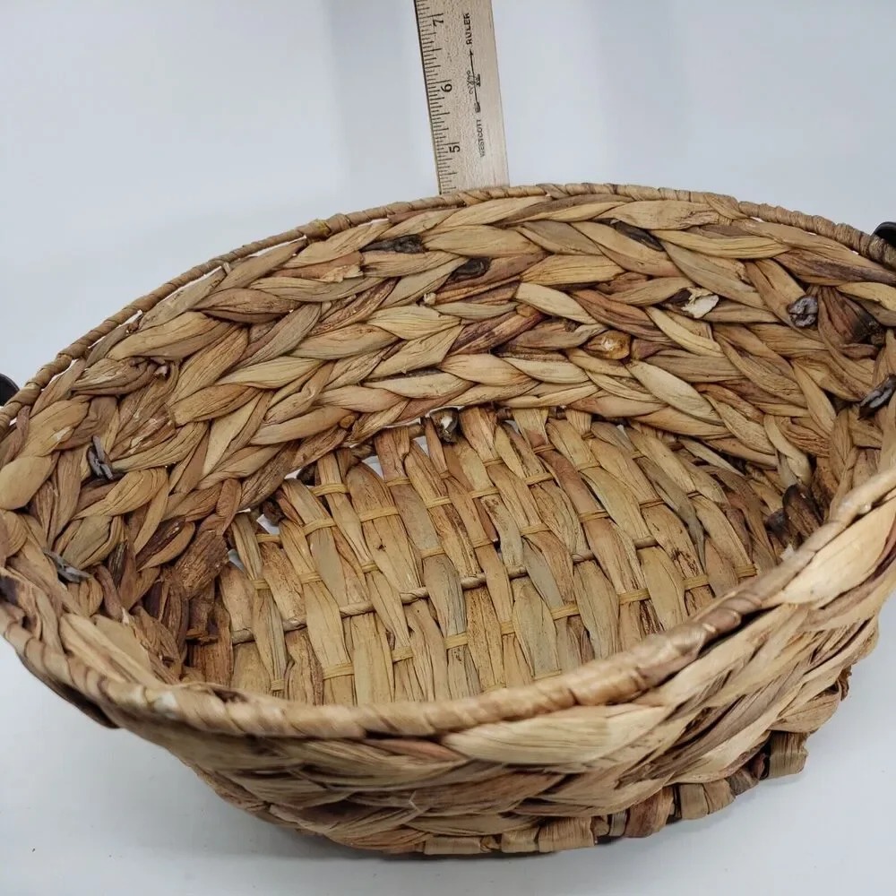 Woven Basket Vintage Rustic Metal Frame Round Riveted Vinyl Handles Pre-Owned
